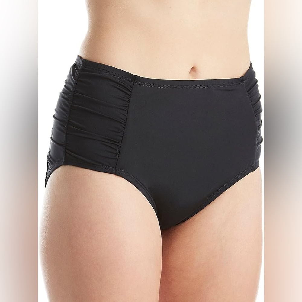 NWOT Jantzen Side Shirred Black High Waist Bikini Bottoms Size 12